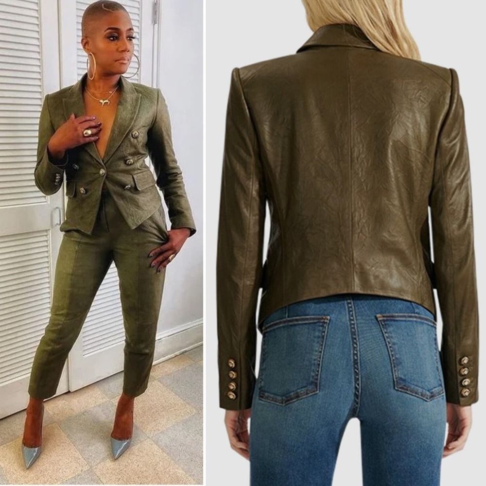 Sz 2 Veronica Beard Cooke Leather Dickey Jacket Blazer Olive Green - Picture 2 of 14